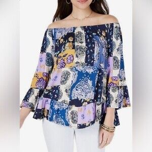 Style & Co on or off shoulder boho patchwork print long bell sleeve top size XS